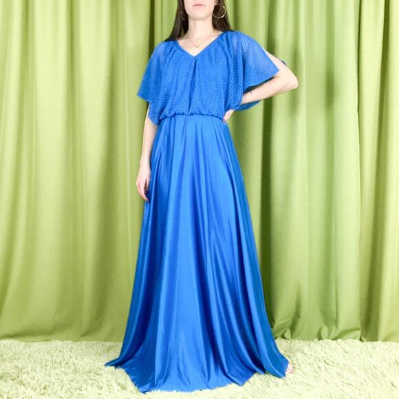 80s Vintage Royal Blue Crochet Top Bat Wing Sleeve Maxi Gown - Picture 1 of 5